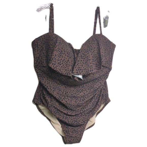 Kona Sol Swimsuit X-Large One-piece Leopard Animal Print Built In Bra XL Brown - Picture 1 of 9